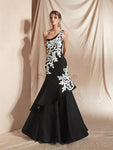 Unique One Shoulder Lace Applique With Ruffles Long Prom Dresses, XDM1129