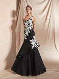 Unique One Shoulder Lace Applique With Ruffles Long Prom Dresses, XDM1129