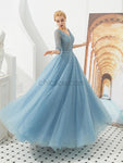 Elegant V Neck Half Sleeves Tulle A Line Long Evening Prom Dresses, XDM1189