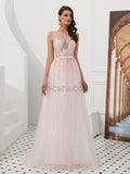 A-line Light Pink Seen-through Top Long Prom Dresses SDP1139