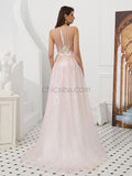 A-line Light Pink Seen-through Top Long Prom Dresses SDP1139