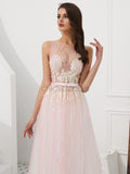 A-line Light Pink Seen-through Top Long Prom Dresses SDP1139