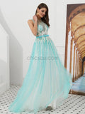 A-line Light Pink Seen-through Top Long Prom Dresses SDP1139