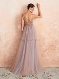 Simple Spaghetti Strap V Neck Tulle A Line Long Evening Prom Dresses, XDM1186