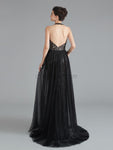 Unique Black Halter Backless A Line Tulle Long Evening Prom Dresses, XDM1180