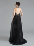 Unique Black Halter Backless A Line Tulle Long Evening Prom Dresses, XDM1180