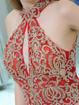 Elegant Halter Red Lace Applique Mermaid Beaded Long Evening Prom Dresses, XDM1168