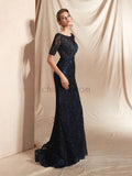 Pretty Half Sleeves Lace With Beading Mermaid Long Prom Dresses, XDM1127