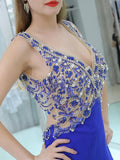 Elegant Blue Backless Beaded Mermaid Long Evening Prom Dresses ,XDM1171