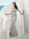 Sparkly Long Sleeves Silver Sequin Floor Length Mermaid Long Prom Dresses, XDM1135