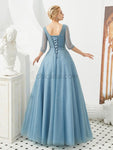 Elegant V Neck Half Sleeves Tulle A Line Long Evening Prom Dresses, XDM1189