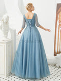 Elegant V Neck Half Sleeves Tulle A Line Long Evening Prom Dresses, XDM1189