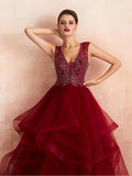 Elegant Dark Red A Line Organza Beaded Long Evening Prom Dresses, XDM1185