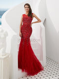 Elegant Red Tulle Lace Applique Beaded Mermaid Long Evening Prom Dresses, XDM1134