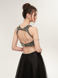 Unique Two Pieces Black Open Back Beaded A Line Long Evening Prom Dresses , XDM1177