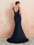 Royal Blue Lace Applique Open Back Mermaid Long Evening Prom Dresses ,XDM1191