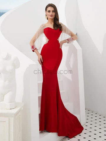 Long Sleeves Red Mermaid Long Evening Prom Dresses SDP1140