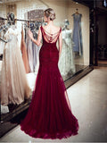 Gorgeous Burgundy Tulle Mermaid Beaded Long Evening Prom Dresses XDM1151