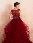 Elegant Dark Red A Line Organza Beaded Long Evening Prom Dresses, XDM1185