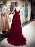 Burgundy V Neck Tulle A Line Beaded Long Evening Prom Dresses ,XDM1150