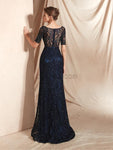 Pretty Half Sleeves Lace With Beading Mermaid Long Prom Dresses, XDM1127