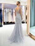 Shining Round Neck Sleeveless Beaded Mermaid Long Evening Prom Dresses, XDM1149