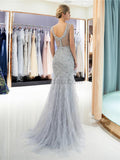 Shining Round Neck Sleeveless Beaded Mermaid Long Evening Prom Dresses, XDM1149