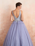 Deep V Neck Lace Top Tulle Open Back A Line Long Evening Prom Dresses ,XDM1187