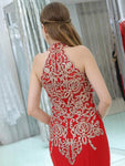 Elegant Halter Red Lace Applique Mermaid Beaded Long Evening Prom Dresses, XDM1168