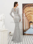 Sparkly Long Sleeves Silver Sequin Floor Length Mermaid Long Prom Dresses, XDM1135