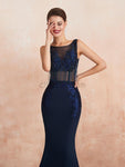 Royal Blue Lace Applique Open Back Mermaid Long Evening Prom Dresses ,XDM1191