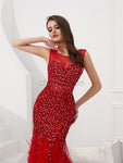 Elegant Red Tulle Lace Applique Beaded Mermaid Long Evening Prom Dresses, XDM1134