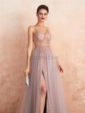 Simple Spaghetti Strap V Neck Tulle A Line Long Evening Prom Dresses, XDM1186