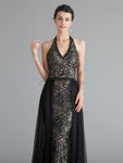 Unique Black Halter Backless A Line Tulle Long Evening Prom Dresses, XDM1180