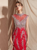 Gorgeous Cap Sleeeves Red Lace Mermaid Long Evening Prom Dresses ,XDM1126