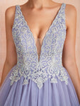 Deep V Neck Lace Top Tulle Open Back A Line Long Evening Prom Dresses ,XDM1187