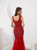 Elegant Red Tulle Lace Applique Beaded Mermaid Long Evening Prom Dresses, XDM1134