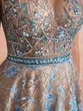 Pretty Cap Sleeves Lace Beaded A Line Long Evening Prom Dresses ,XDM1183