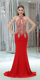 Elegant Halter Red Lace Applique Mermaid Beaded Long Evening Prom Dresses, XDM1168