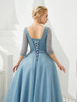 Elegant V Neck Half Sleeves Tulle A Line Long Evening Prom Dresses, XDM1189