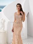 Sparkly V Neck Sleeveless Sequin Mermaid Long Prom Dresses, XDM1131