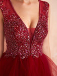 Elegant Dark Red A Line Organza Beaded Long Evening Prom Dresses, XDM1185