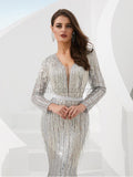 Sparkly Long Sleeves Silver Sequin Floor Length Mermaid Long Prom Dresses, XDM1135