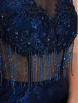 Royal Blue Lace Applique Open Back Mermaid Long Evening Prom Dresses ,XDM1191