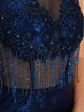 Royal Blue Lace Applique Open Back Mermaid Long Evening Prom Dresses ,XDM1191