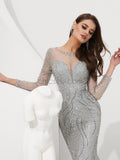 Sparkly Round Neck Long Sleeves Sequin Mermaid Long Prom Dresses, XDM1133