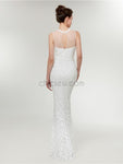 Pretty Round Neck White Lace Open Back Mermaid Long Prom Dresses, XDM1137