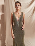 Sparkly Deep V Neck Sleeveless Mermaid Long Evening Prom Dresses, XDM1128