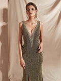 Sparkly Deep V Neck Sleeveless Mermaid Long Evening Prom Dresses, XDM1128