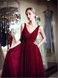 Burgundy V Neck Tulle A Line Beaded Long Evening Prom Dresses ,XDM1150